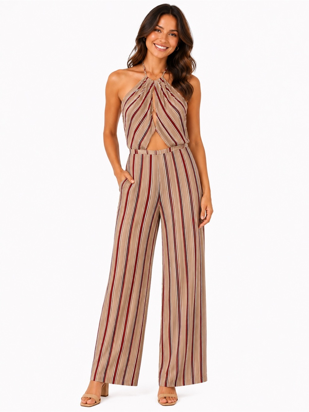 Hommage Size Large Striped Halter Cutout Jumpsuit in Red, Beige & White